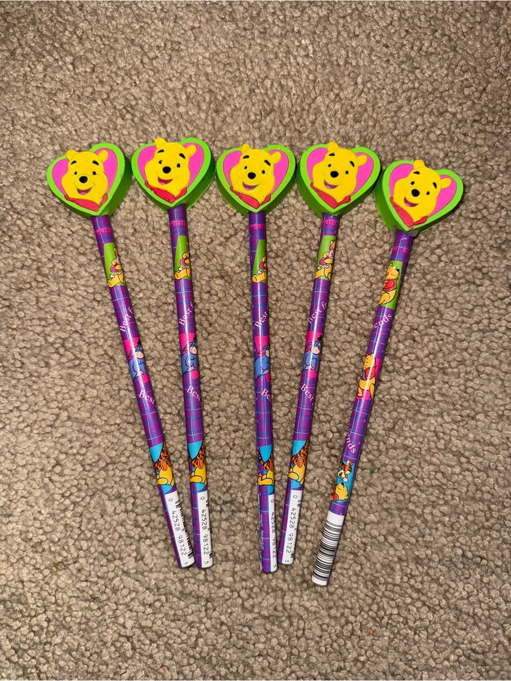 Disney Winnie the Pooh Purple Pencils with Yellow & Green Heart Toppers (5 Pack)